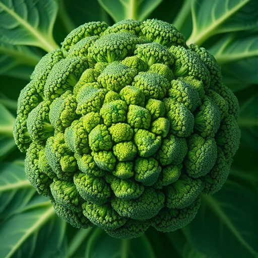 Create a highly detailed illustration of a broccoli head in vibrant green colors, using a DSLR camera with a 50mm lens, aperture set to f/8, ISO 200, shot from a top-down angle with soft natural lighting for enhanced texture and clarity.
