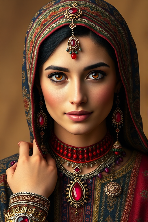 Create a portrait of a beautiful Sephardic woman with striking red eyes and a gentle expression. She is adorned in traditional attire with intricate patterns, including a richly embroidered headscarf and matching garments. Her jewelry includes a delicate headpiece, dangling earrings, and ornate bracelets, all featuring vibrant gemstones and detailed metalwork. The background is soft and warm, enhancing the rich colors of her outfit and jewelry.