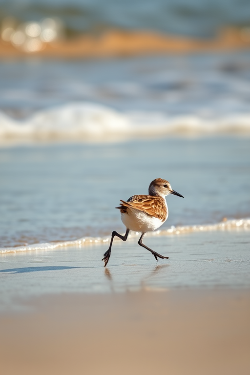 a shorebird walking along the beach with gentle waves in the background, shallow depth of field, 135mm lens, aperture f/2.8, ISO 100, natural lighting, shot in bright daylight, DSLR camera, close-up view