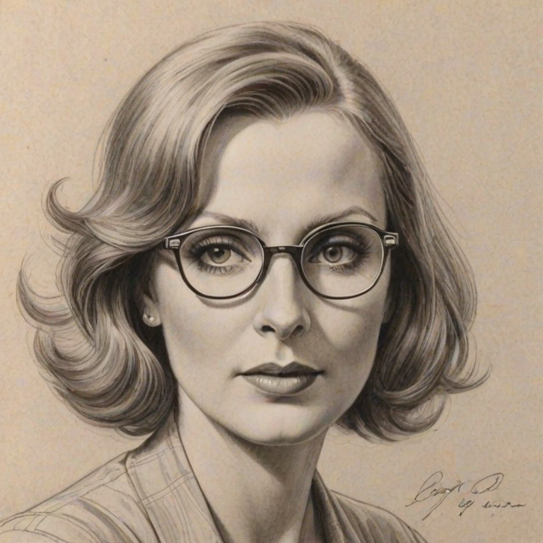 Comely Greta Garbo, pencil sketch, portrait of Wonderful woman 1958s in glasses, hair style beatnik, outline, clear lines, fine lines, 8k