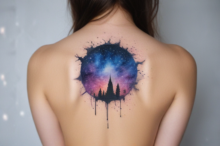 Watercolor galaxy tattoo on the shoulder.