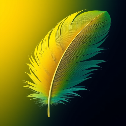 Create a high-resolution digital illustration of a vibrant feather with a smooth gradient from yellow to blue, using a 50mm lens, f/1.8 aperture, 1/100s shutter speed, and ISO 100, in a studio setting with soft lighting for enhanced detail and clarity.