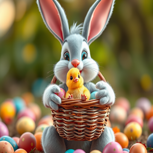 A cartoon bunny holding a chick with a basket of colorful eggs, vibrant colors, playful composition, high-resolution, 50mm lens, f/2.8 aperture, natural lighting, shot from eye level with a soft focus background.