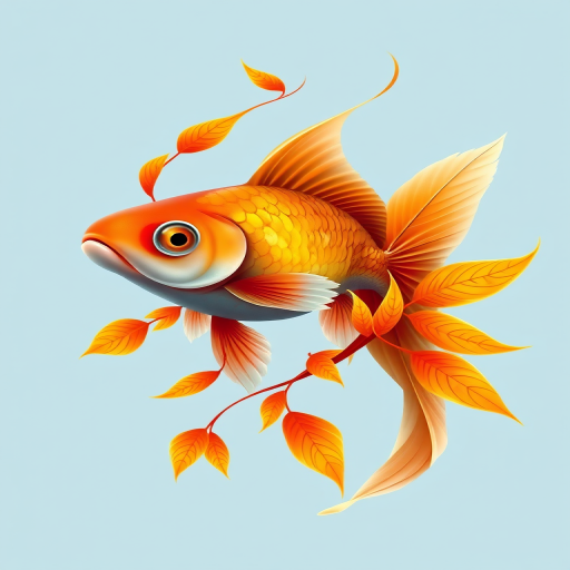 create an illustration of a goldfish intertwined with vibrant orange and yellow leaves against a light blue background, using a macro lens, f/2.8 aperture, 1/60 shutter speed, and soft lighting for enhanced clarity and detail, digital art style