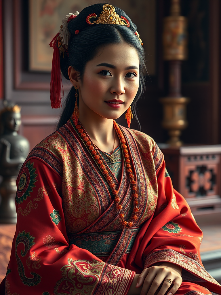 A beautiful Quechua woman in traditional East Asian attire, intricately detailed with embroidered patterns, sitting gracefully in a richly decorated room, soft ambient lighting, serene and elegant, ultra-realistic, 8K resolution