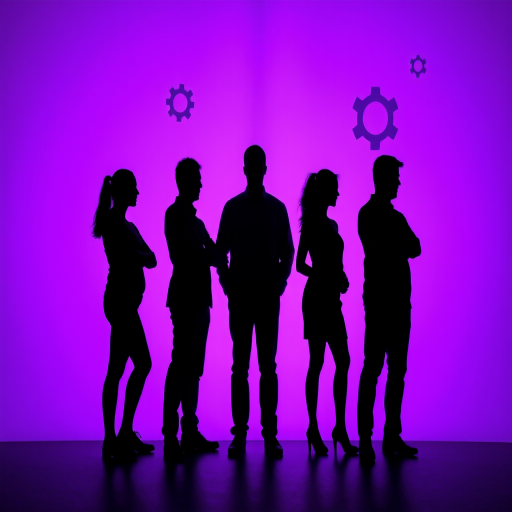 regenerate the image of five silhouettes of people standing against a purple background with gears, use a DSLR camera, aperture f/2.8, shutter speed 1/125s, ISO 100, 35mm lens, soft focus style