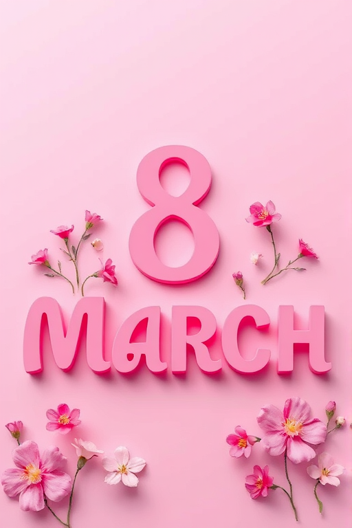 Create a vibrant digital illustration featuring the text "8 March" in a bold, elegant font with a pink color scheme and a modern serif style, include floral elements and a soft gradient background, use a high-resolution camera setting of 300 DPI, captured from a flat lay perspective using a digital SLR camera with a 50mm lens for sharp detail and depth of field.