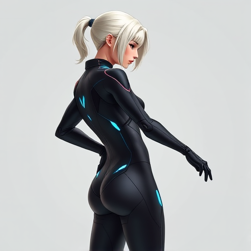 Generate a high-resolution image of a futuristic female character with platinum blonde hair wearing a sleek, form-fitting black suit with glowing blue accents, positioned in a dynamic profile view against a neutral background, taken with a DSLR camera at f/2.8, ISO 100, and a shutter speed of 1/250 sec, using soft lighting for a polished and dramatic effect.