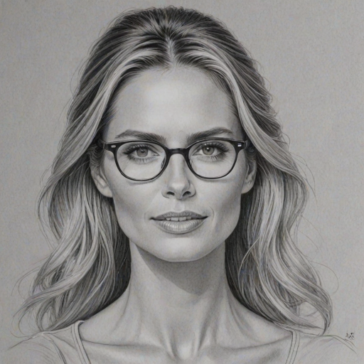 Wonderful Heidi Klum, pencil sketch, portrait of Fascinating woman 1953s in glasses, hair style beatnik, outline, clear lines, fine lines, 8k