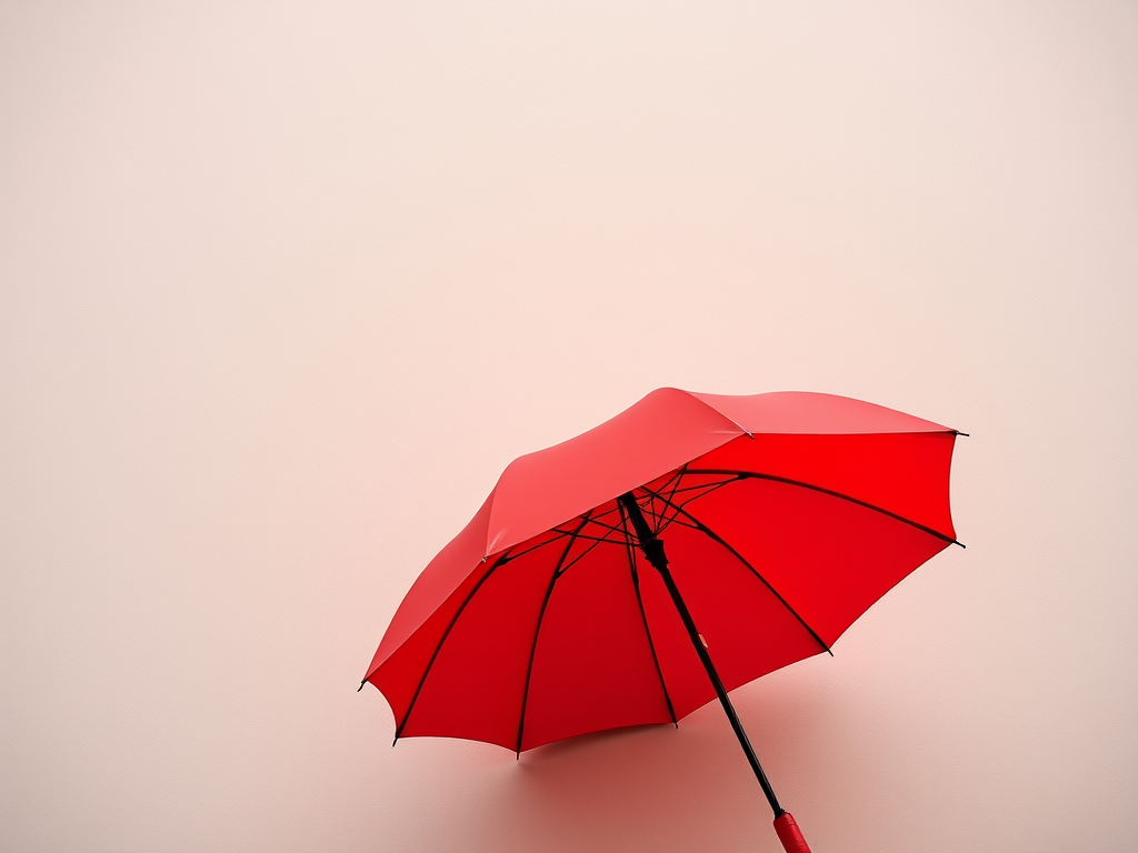 Rendering of a red umbrella against a neutral background, shot with a 50mm lens at f/2.8, ISO 100, shutter speed 1/125s, top-down view, using a DSLR camera with natural lighting to enhance color saturation and detail.