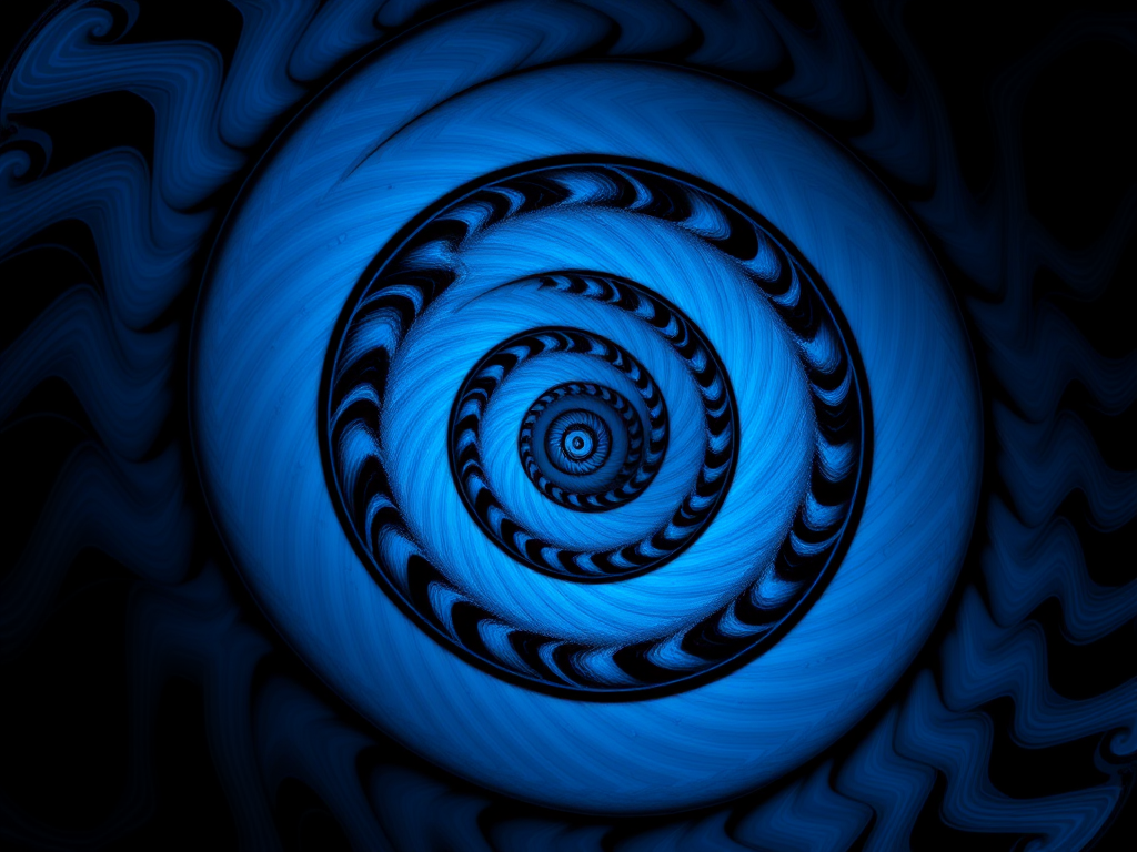 generate a high-resolution fractal pattern with intricate blue and black spirals using a DSLR camera at f/11, 1/250s shutter speed, ISO 200, wide-angle lens, and a macro style for enhanced detail and clarity