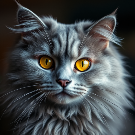 Portrait of a fluffy gray cat with striking yellow eyes, shot in low light with a 50mm lens, aperture f/1.8, ISO 200, soft focus background, using a DSLR camera.