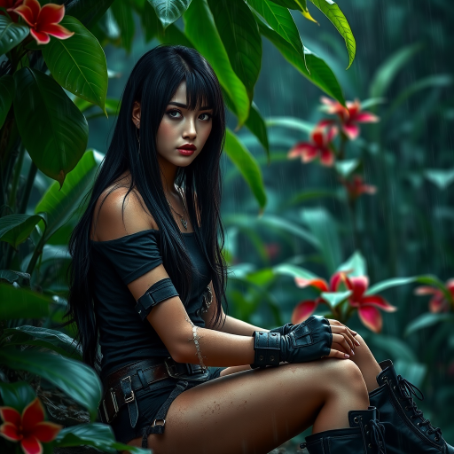 A highly detailed photograph of a woman with long black hair, sitting in the rain beneath lush green foliage. She wears a black off-the-shoulder top, fingerless gloves, and combat boots, giving her a rugged, militaristic look. Her left arm is bandaged, hinting at a recent struggle. The jungle background is vibrant, with large green leaves and red flowers contrasting against the rainy, dark sky. Fine rain droplets add realism and atmosphere to the scene.