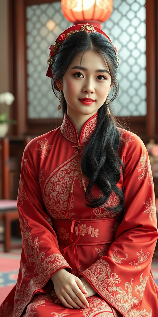 A beautiful Vietnamese woman in traditional East Asian attire, intricately detailed with embroidered patterns, sitting gracefully in a richly decorated room, soft ambient lighting, serene and elegant, ultra-realistic, 8K resolution