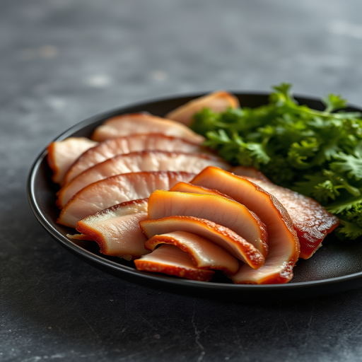 A close-up shot of a plate filled with neatly arranged thinly sliced pork belly on a textured dark gray surface, f/2.8 aperture, 1/100 sec shutter speed, ISO 200, 50mm lens, soft natural light, DSLR camera.