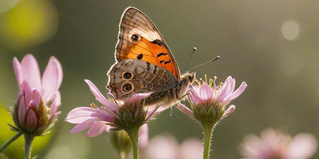 Sharp, detailed close-up of a butterfly landing on a blooming flower, soft sunlight reflecting off its wings, tiny details of the flower's petals visible, the smell of fresh blooms in the air, and the feeling of springtime.