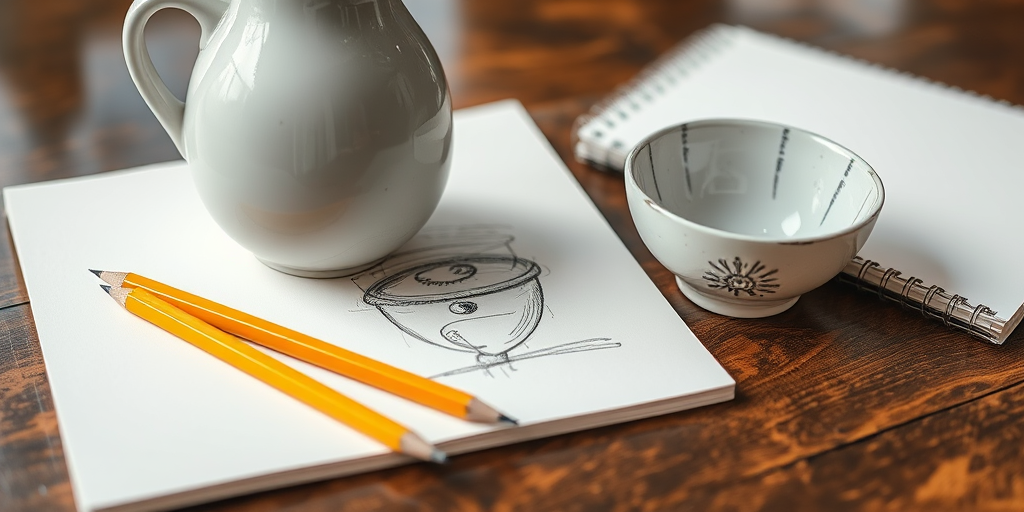 create a detailed sketch of a vase, a plate, and a bowl arranged artistically on a table with a sharpened yellow pencil beside a sketchbook, using a Canon EOS R5, 50mm lens, f/2.8, 1/125s, ISO 100, natural light for enhanced clarity and texture.