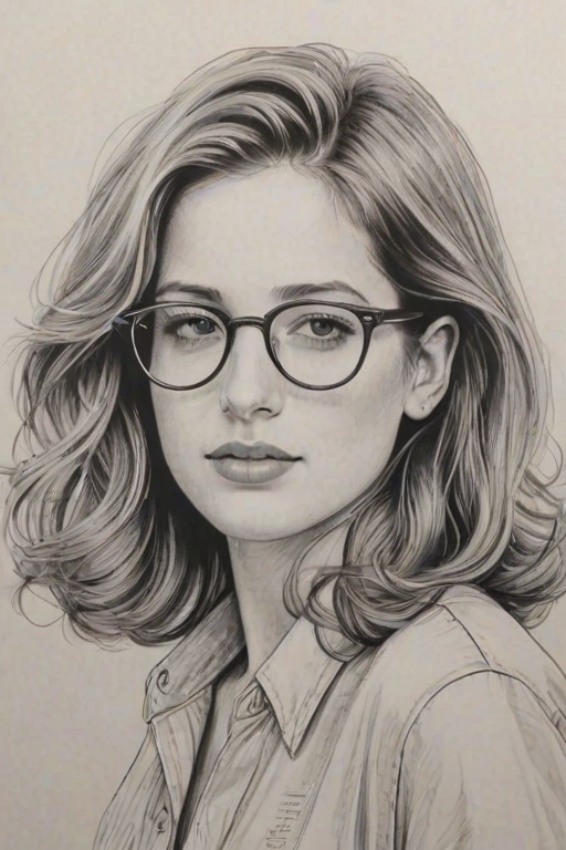 Dazzling Charlie Puth, pencil sketch, portrait of Exquisite woman 1973s in glasses, hair style beatnik, outline, clear lines, fine lines, 8k