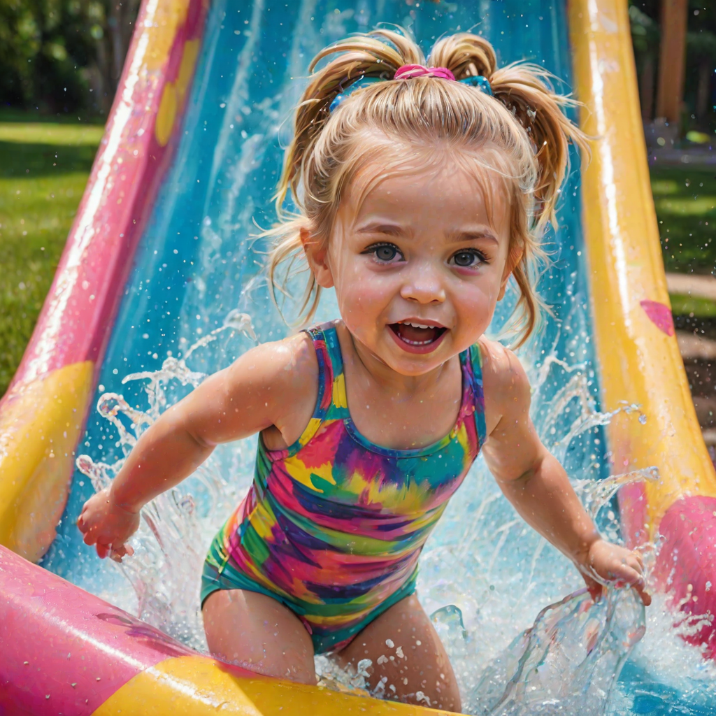 A sassy caricature toddler girl with medium highlighted hair in a messy braid, light eyes, fluffy long lashes, silly funny faces, wearing a colorful swimsuit, going down a waterslide face first, lots of water, created in highlighted chalk style, vibrant colors, background is a park with acrylic paint, airbrush
