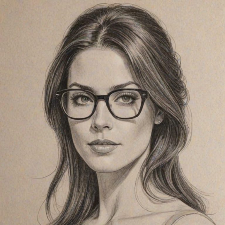 Stunning Michelle Borth, pencil sketch, portrait of Enticing woman 1969s in glasses, hair style beatnik, outline, clear lines, fine lines, 8k