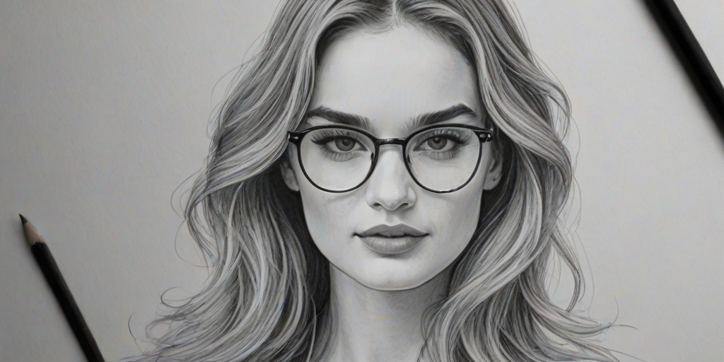 Ravishing Lily James, pencil sketch, portrait of Dazzling woman 1976s in glasses, hair style beatnik, outline, clear lines, fine lines, 8k