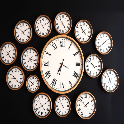 Create an arrangement of twelve round wall clocks with Roman numerals on a black background, using a high-resolution image setting with a soft focus effect, top-down view, f/2.8 aperture, 1/125 second shutter speed, and ISO 100 to enhance clarity and detail.