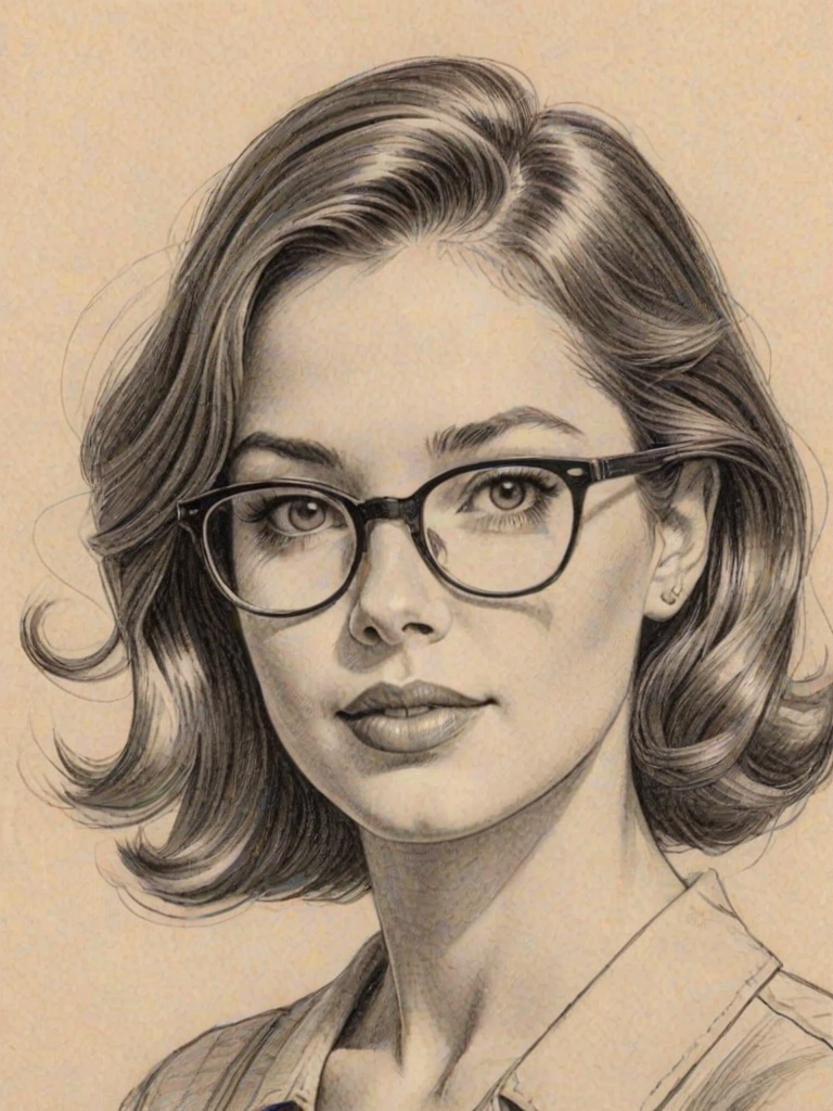 Attractive Summer Walker, pencil sketch, portrait of Radiant woman 1950s in glasses, hair style beatnik, outline, clear lines, fine lines, 8k