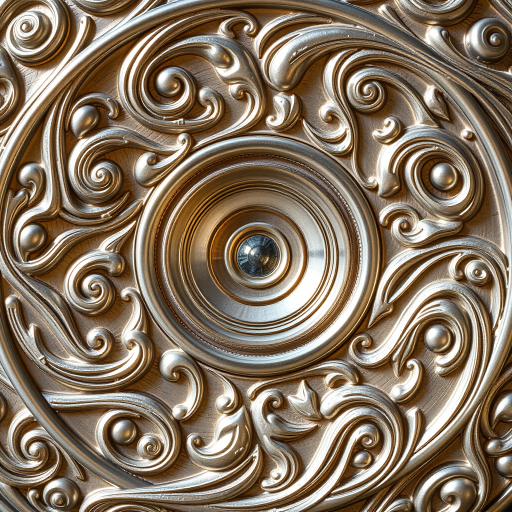 Create a highly detailed image of a circular design featuring swirling patterns and intricate textures in a silver metallic finish, with soft natural lighting, using a Canon EOS R5 at f/8 aperture, ISO 100, and a 50mm lens from a top-down view.