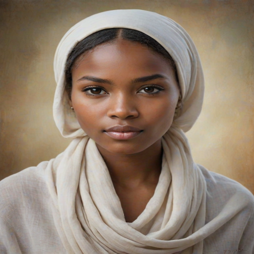 Create a portrait of a young Zulu woman with long, dark hair and captivating hazel eyes. She is wearing a white headscarf and a matching scarf draped gracefully around her neck. The background is softly blurred, focusing attention on her serene and natural expression. The overall color palette is muted and warm, enhancing the intimate and authentic feel of the portrait.