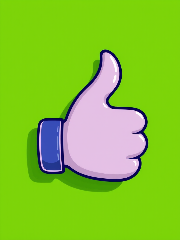 Create a high-resolution digital illustration of a cartoon thumbs up icon on a vibrant green background, using a Canon EOS R5 with a 50mm f/1.2 lens, aperture set to f/2.8, ISO 100, and a soft focus style.