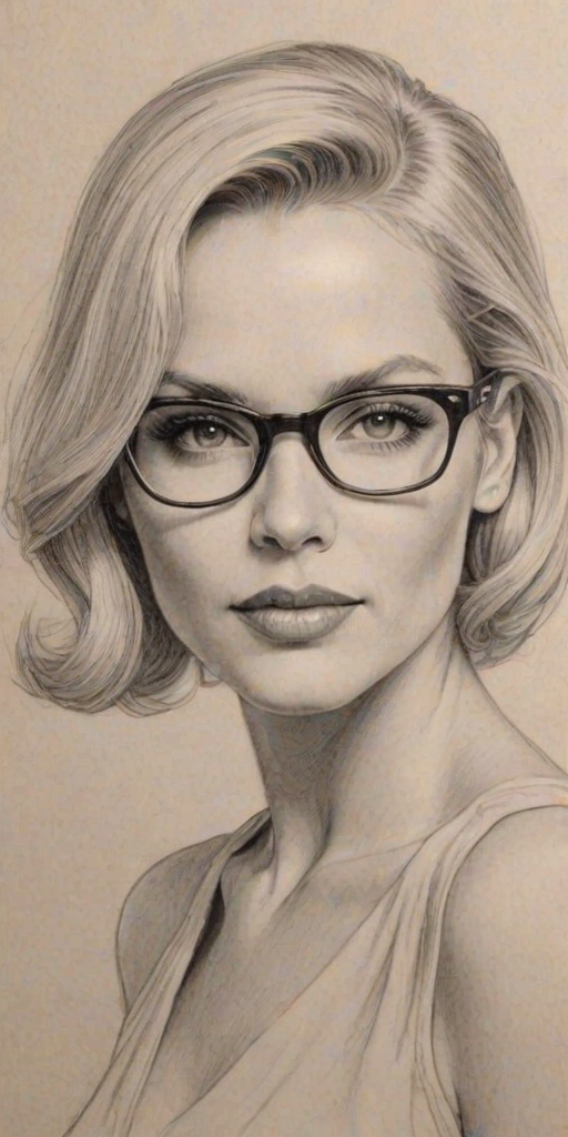 Comely Gena Lee Nolin, pencil sketch, portrait of Delightful woman 1933s in glasses, hair style beatnik, outline, clear lines, fine lines, 8k
