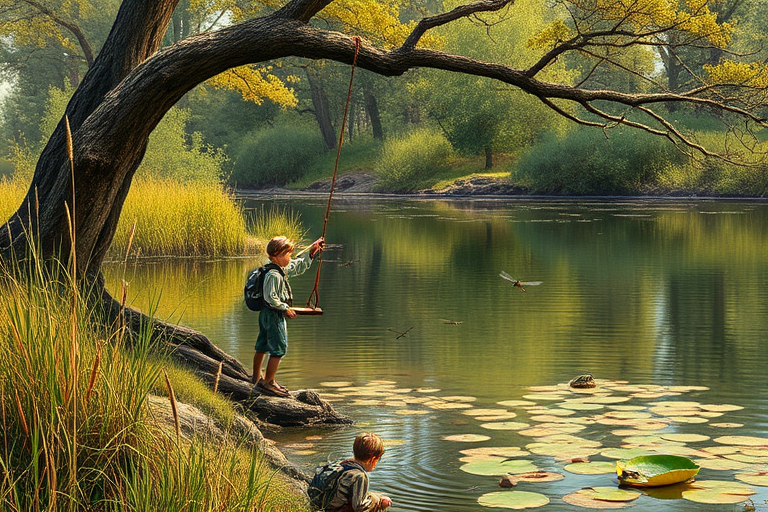 Imagine a small group of old fashioned young boys out fishing by the creek, a swing hanging from a tree branch, reeds and grasses by the water's edge, a frog sitting on a lily pad, dragonflies hovering over som water plans, a very iconic old fashioned scene reminiscent of a Norman Rockwell painting style