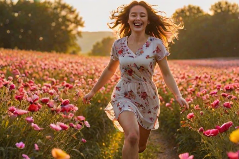 Vibrant flower field, petals shimmering in the golden light of late afternoon, a woman running joyfully through the blooms, her laughter echoing in the breeze.