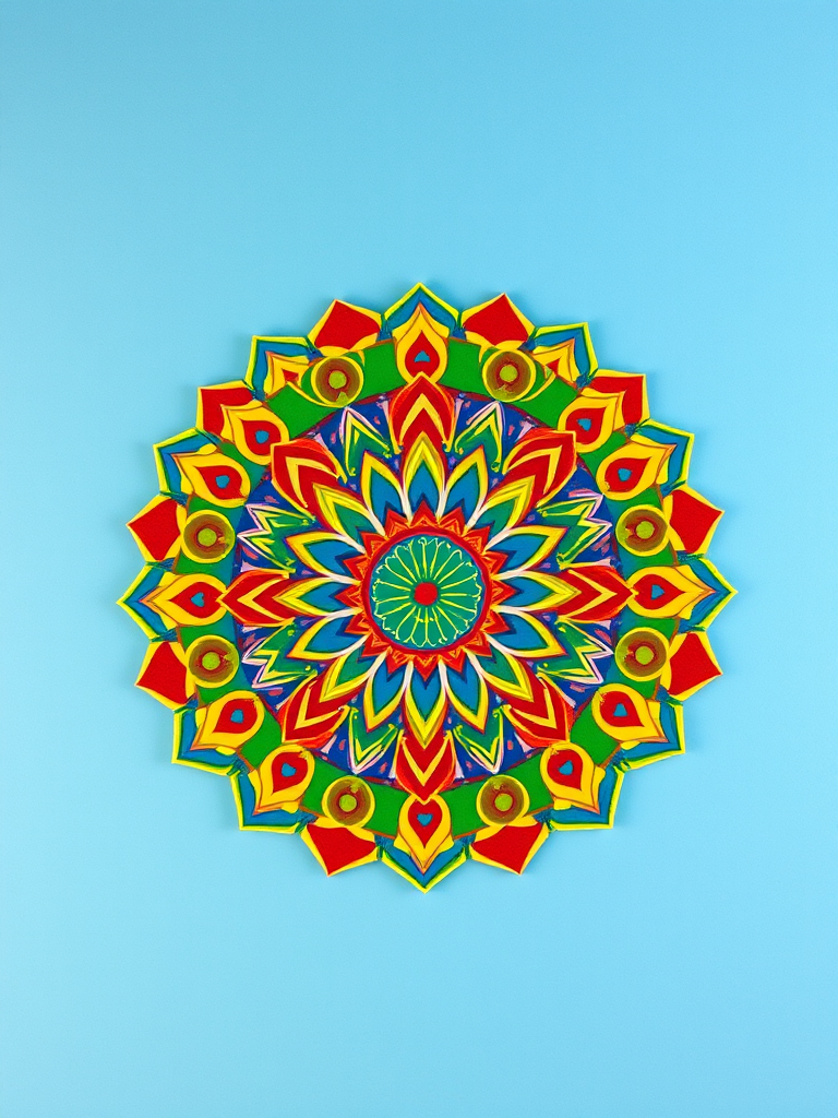 Create a vibrant circular mandala with intricate geometric patterns in red, blue, green, and yellow against a soft blue background, captured with a DSLR camera at f/8, ISO 100, 50mm lens, 1/125 sec shutter speed, with overhead soft natural lighting for even illumination.
