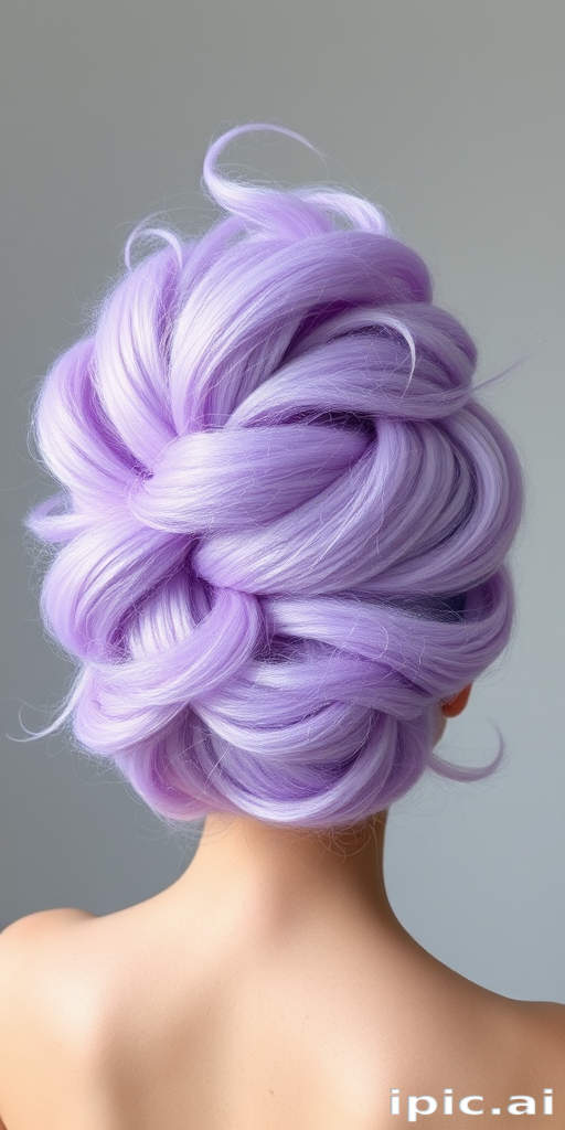 Ethereal lavender fairy floss updo named Amethyst Cloud crafted from wispy tendrils of cotton candy-like texture arranged in a voluminous spherical shape resembling a delicate floating nimbus