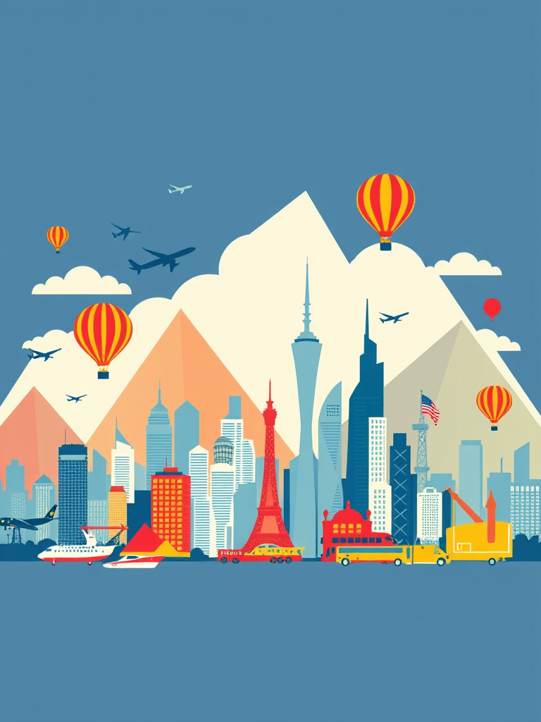 Create a vector-style city skyline illustration featuring geometric shapes in red, yellow, and blue, with various transportation elements like planes, hot air balloons, and vehicles integrated, using a clean, minimalist design; camera type: digital, camera style: flat lay, camera view: wide-angle, settings: ISO 100, aperture f/11, shutter speed 1/200s.