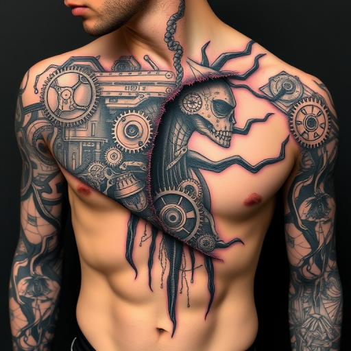 Biomechanical tattoo called "Synthetic Evolution" blending organic forms with mechanical elements to create the illusion of skin peeling away to reveal a complex structure of gears and circuits underneath