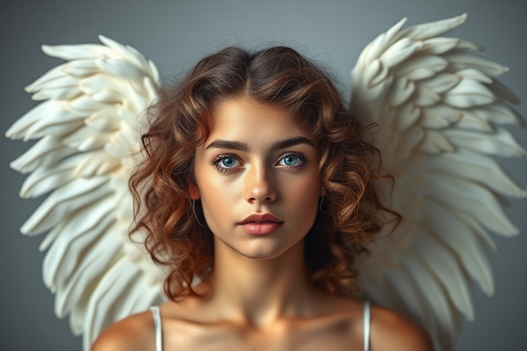 Create a portrait of a young woman with curly hair and angelic wings, studio lighting, soft focus, f/1.8 aperture, 85mm lens, ISO 100, shot from eye level to capture detailed facial features and ethereal qualities.