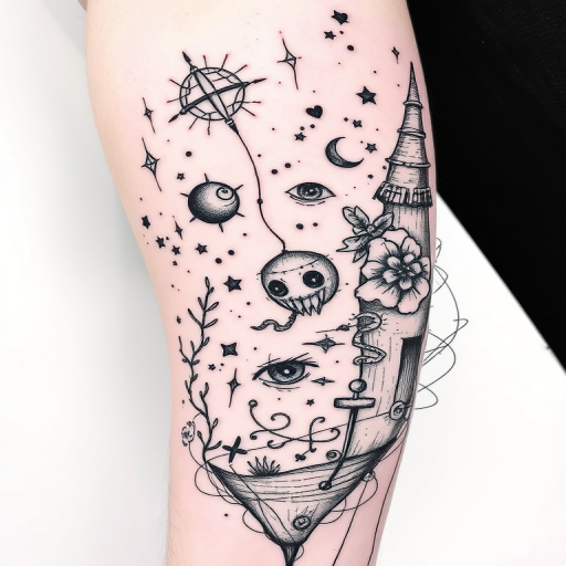 Sketch-style tattoo called "Artistic Reverie" resembling a loose, hand-drawn illustration with expressive line work and crosshatching, incorporating elements of surrealism and whimsical imagery in black and gray tones