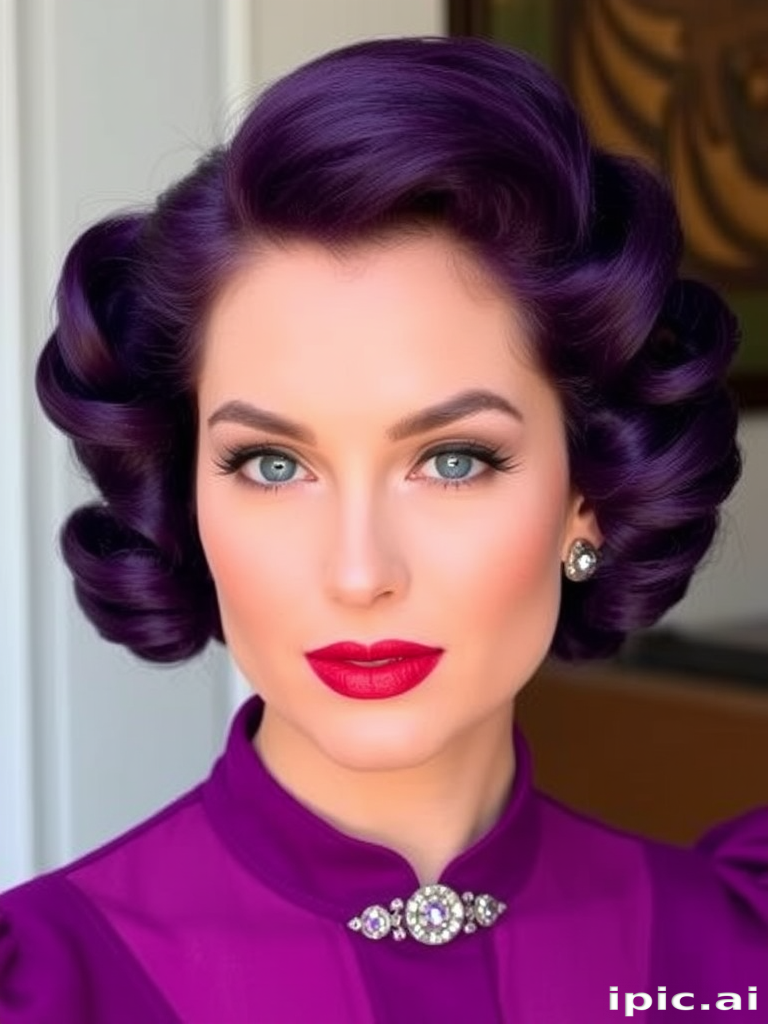 Regal purple victory rolls, dubbed "Amethyst Royalty," combine vintage styling with a modern, jewel-toned hue for a bold and sophisticated look