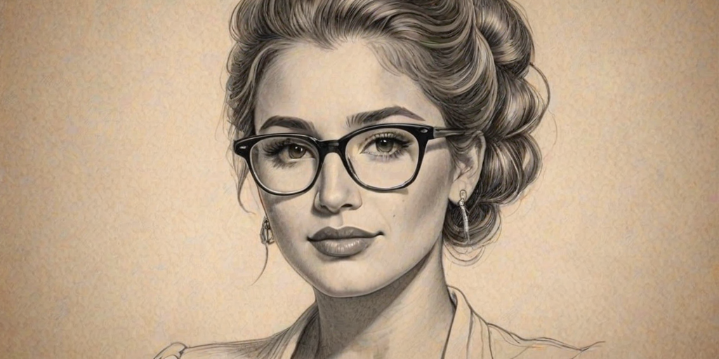 Resplendent Jessie James Decker, pencil sketch, portrait of Beauteous woman 1930s in glasses, hair style beatnik, outline, clear lines, fine lines, 8k
