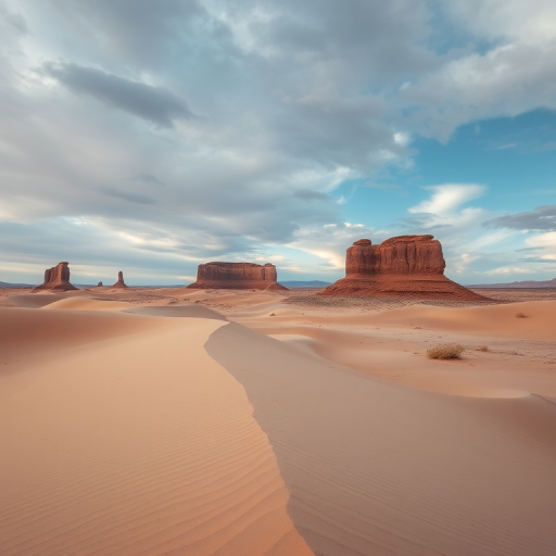 a serene landscape featuring rolling dunes and rocky formations under a cloudy sky, taken with a DSLR camera, 50mm lens, f/8 aperture, ISO 200, 1/125 sec exposure, wide-angle view for depth, enhanced colors and contrast