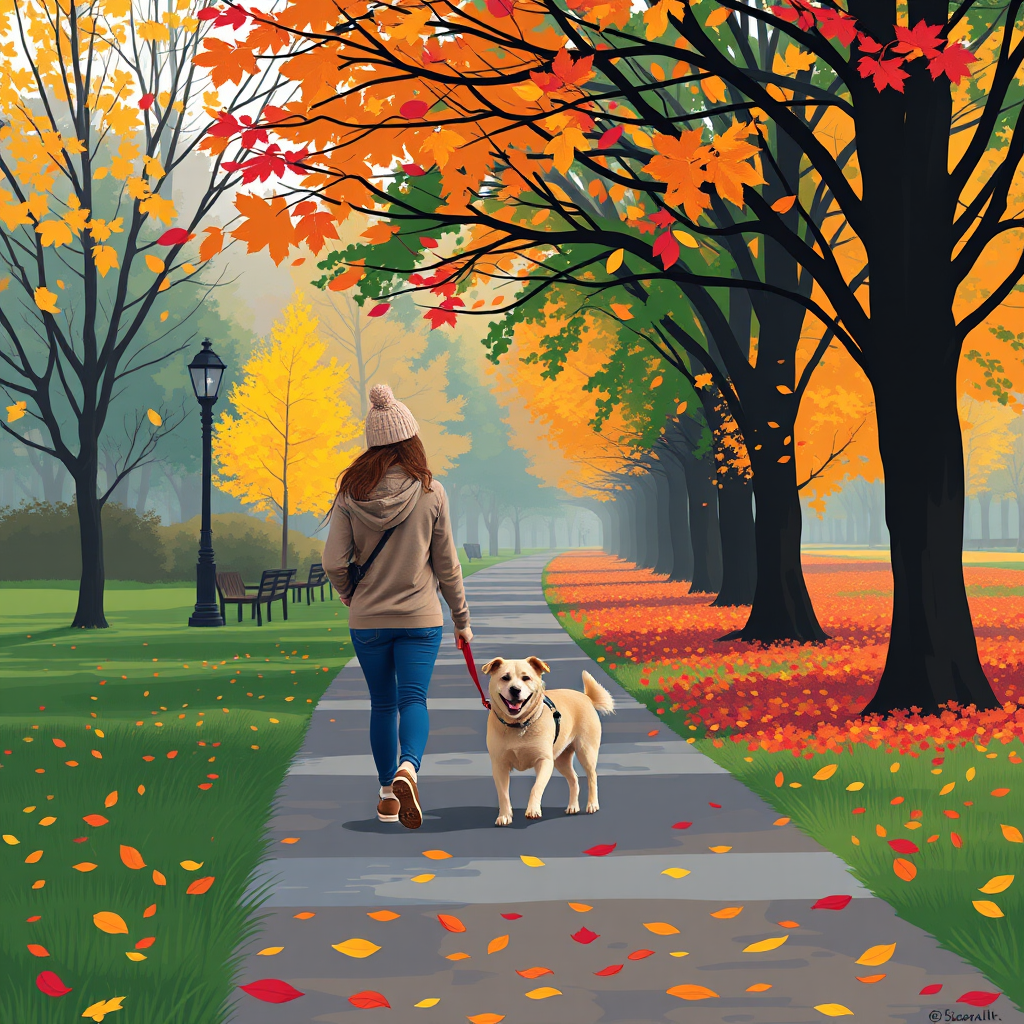 Create a digital illustration of a person walking a dog in a park during autumn, with colorful falling leaves, using a 50mm lens, f/2.8 aperture, ISO 100, natural lighting, and a vibrant color palette to enhance image quality.