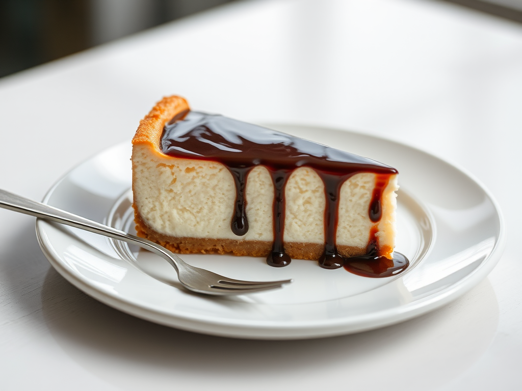 Create an image of a slice of cheesecake topped with chocolate sauce on a white plate, captured with a Canon EOS R5, 50mm lens, f/1.8 aperture, ISO 100, natural lighting, and a shallow depth of field for a soft background.