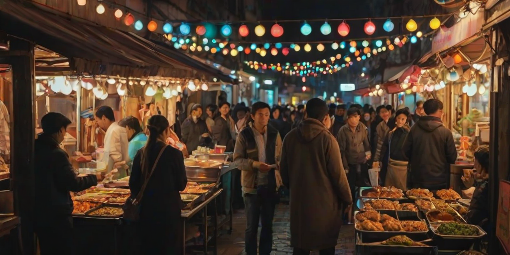 Bustling street food market at night, with vendors grilling delicious skewers, colorful lights illuminating the stalls, and people enjoying their meals amidst the lively ambiance.