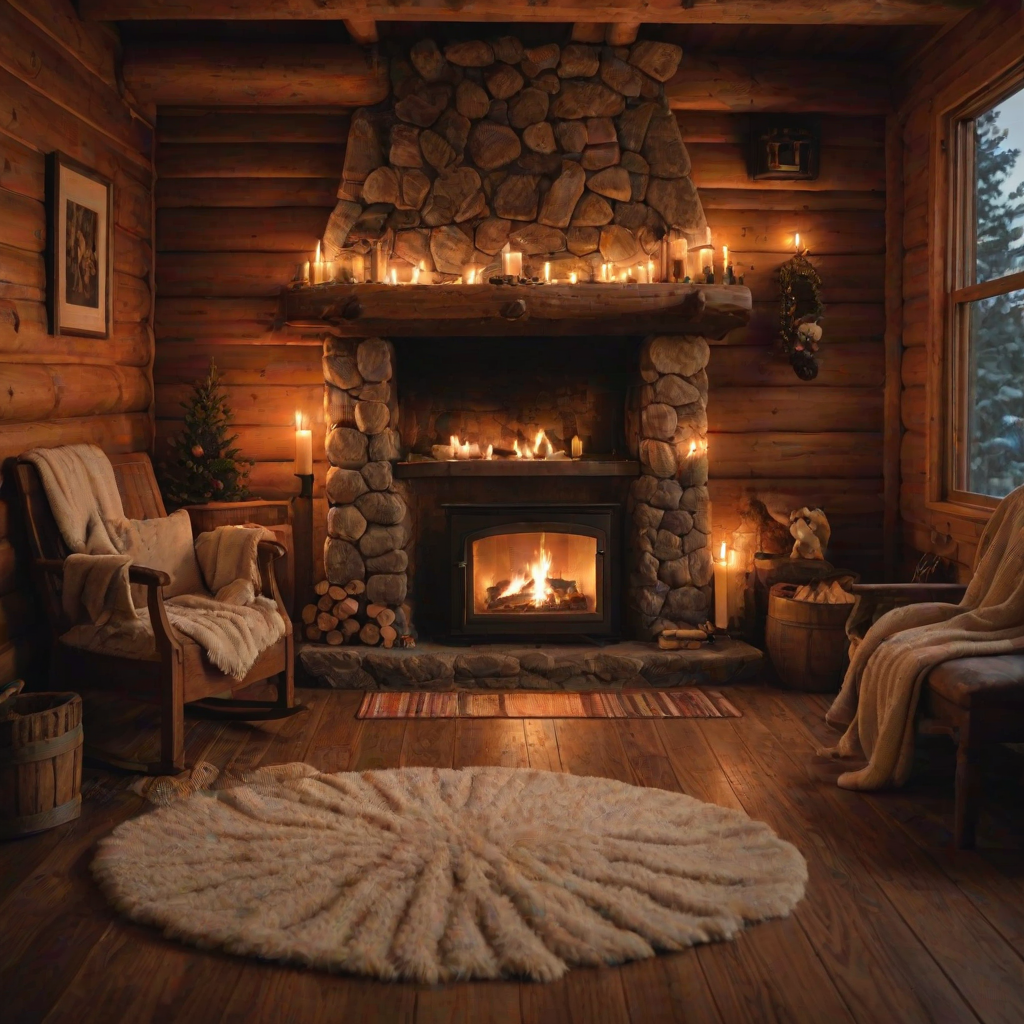 Warmly lit photo of a cozy cabin interior, with a crackling fireplace, soft light from candles, and a plush rug covering the wooden floor.