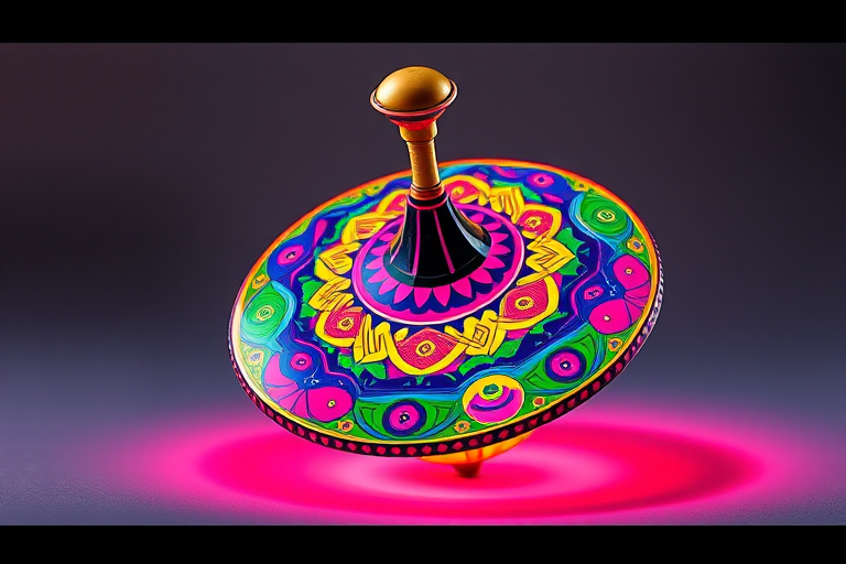 Create a vibrant illustration of a spinning top with intricate patterns and bright colors, using a DSLR camera with a 50mm lens, aperture f/2.8, shutter speed 1/200s, ISO 100, in a well-lit studio setting to enhance image quality.