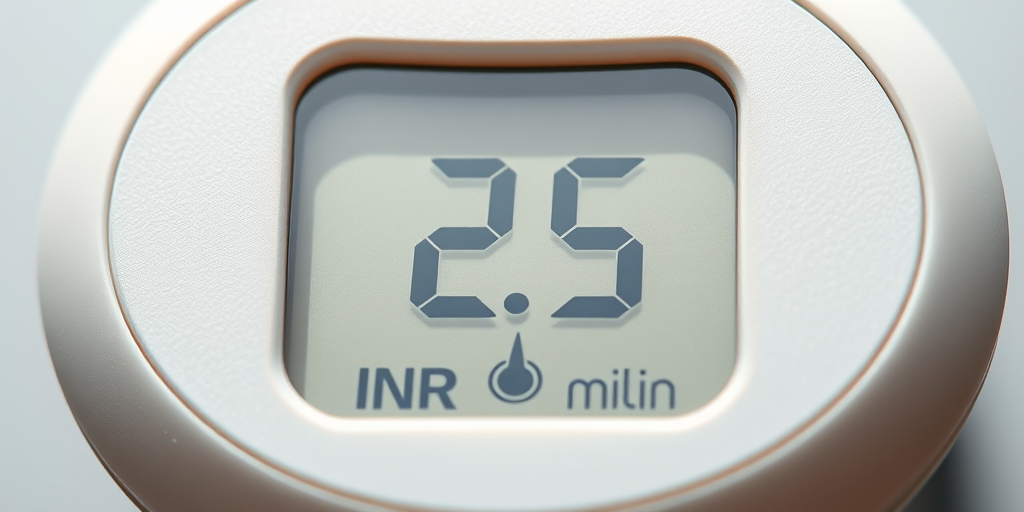Create a high-resolution illustration of an INR meter displaying a value of 2.5, with a focus on a clean and detailed design, using a 50mm lens, f/2.8 aperture, ISO 100, and soft natural lighting to enhance clarity and texture.