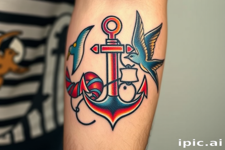 Traditional American tattoo style known as "Sailor's Pride" featuring bold outlines, vibrant primary colors, and classic nautical motifs like anchors, ships, and swallows, perfect for forearm or bicep placement
