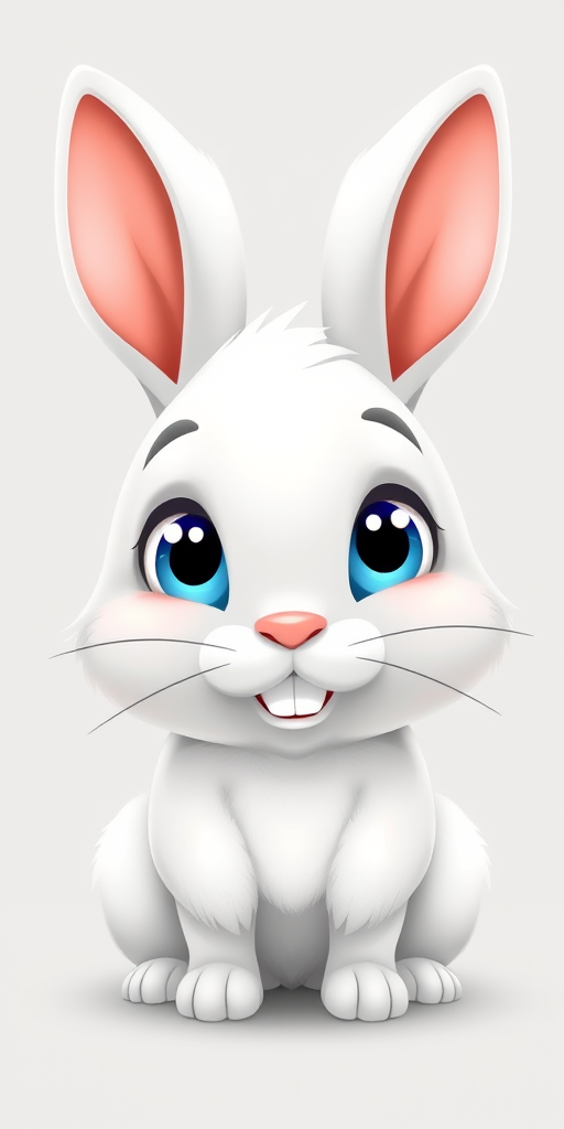 Create an adorable cartoon white rabbit with large blue eyes and a cute smile the rabbit should have fluffy fur and prominent front teeth the background should be simple and light to emphasize the rabbit's features